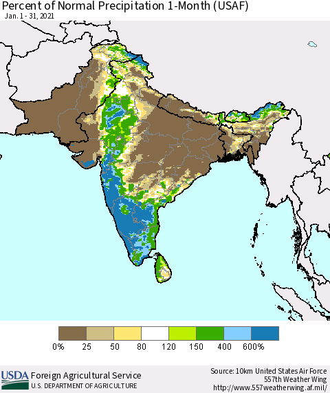 Southern Asia Percent of Normal Precipitation 1-Month (USAF) Thematic Map For 1/1/2021 - 1/31/2021