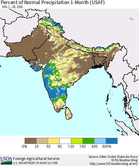 Southern Asia Percent of Normal Precipitation 1-Month (USAF) Thematic Map For 2/1/2021 - 2/28/2021