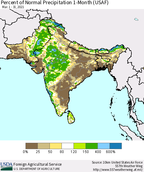 Southern Asia Percent of Normal Precipitation 1-Month (USAF) Thematic Map For 3/1/2021 - 3/31/2021