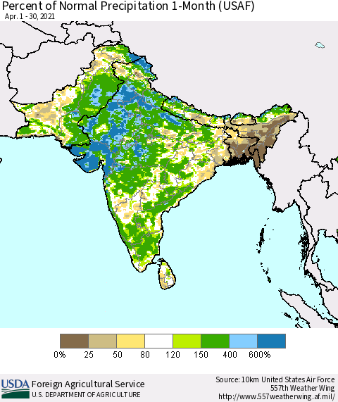 Southern Asia Percent of Normal Precipitation 1-Month (USAF) Thematic Map For 4/1/2021 - 4/30/2021