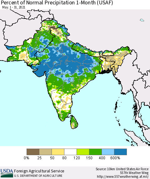 Southern Asia Percent of Normal Precipitation 1-Month (USAF) Thematic Map For 5/1/2021 - 5/31/2021
