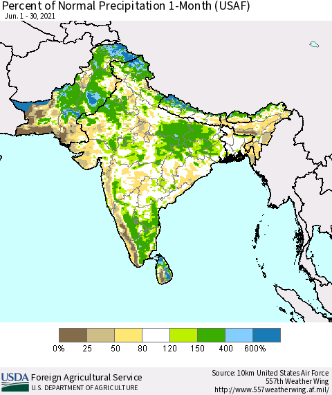 Southern Asia Percent of Normal Precipitation 1-Month (USAF) Thematic Map For 6/1/2021 - 6/30/2021