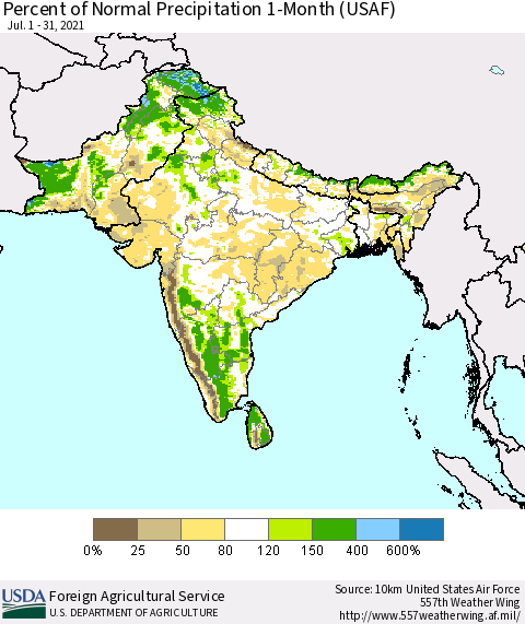 Southern Asia Percent of Normal Precipitation 1-Month (USAF) Thematic Map For 7/1/2021 - 7/31/2021