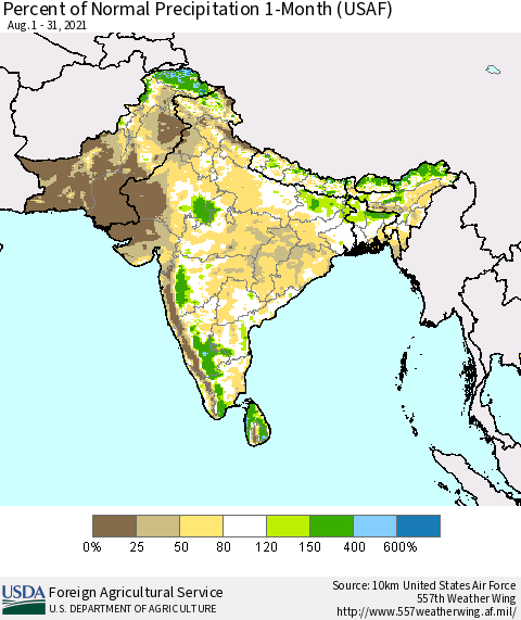 Southern Asia Percent of Normal Precipitation 1-Month (USAF) Thematic Map For 8/1/2021 - 8/31/2021