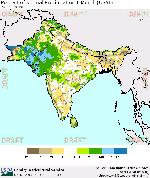 Southern Asia Percent of Normal Precipitation 1-Month (USAF) Thematic Map For 9/1/2021 - 9/30/2021