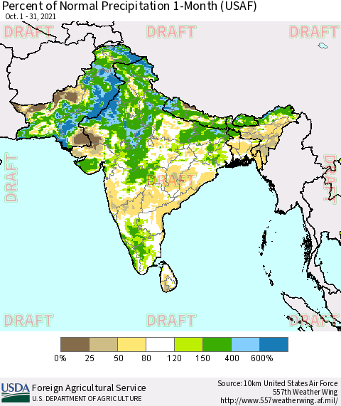 Southern Asia Percent of Normal Precipitation 1-Month (USAF) Thematic Map For 10/1/2021 - 10/31/2021