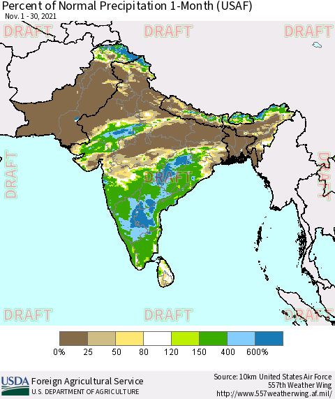 Southern Asia Percent of Normal Precipitation 1-Month (USAF) Thematic Map For 11/1/2021 - 11/30/2021