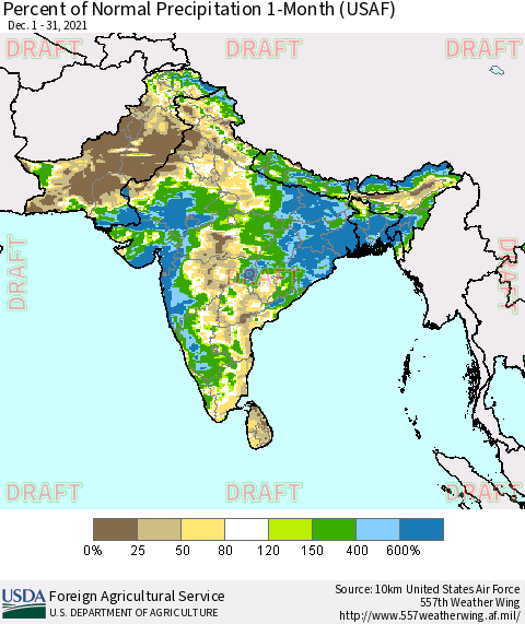 Southern Asia Percent of Normal Precipitation 1-Month (USAF) Thematic Map For 12/1/2021 - 12/31/2021