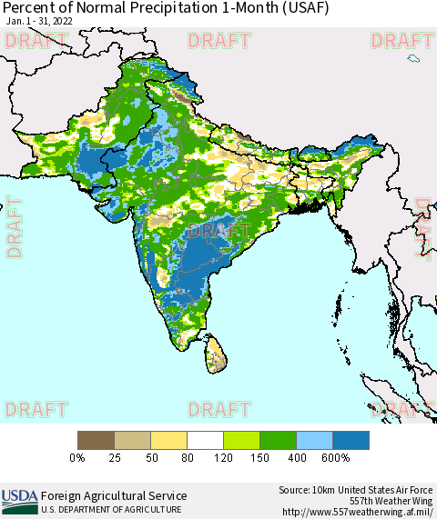 Southern Asia Percent of Normal Precipitation 1-Month (USAF) Thematic Map For 1/1/2022 - 1/31/2022