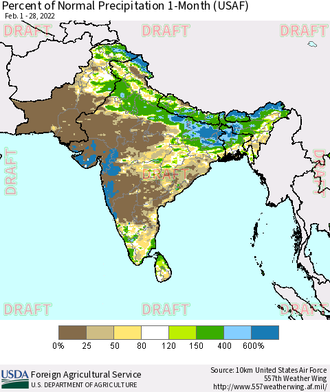 Southern Asia Percent of Normal Precipitation 1-Month (USAF) Thematic Map For 2/1/2022 - 2/28/2022
