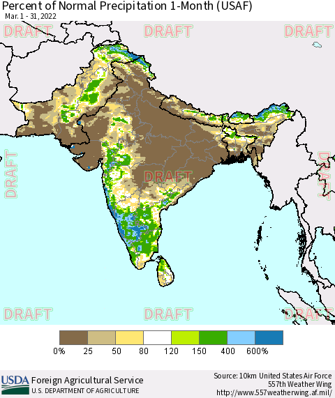 Southern Asia Percent of Normal Precipitation 1-Month (USAF) Thematic Map For 3/1/2022 - 3/31/2022