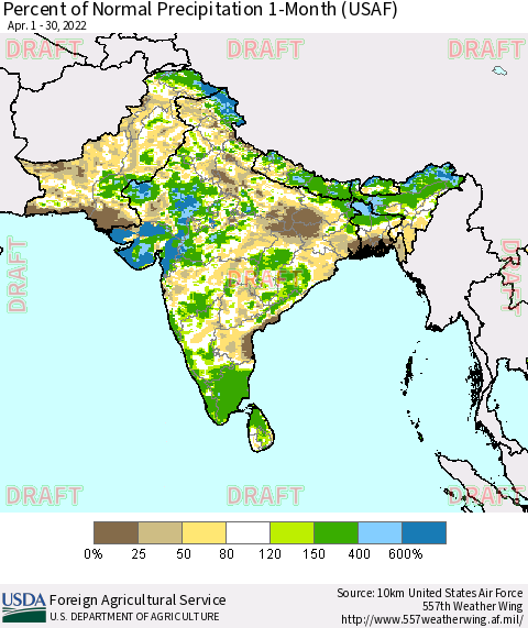 Southern Asia Percent of Normal Precipitation 1-Month (USAF) Thematic Map For 4/1/2022 - 4/30/2022