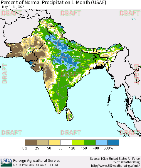 Southern Asia Percent of Normal Precipitation 1-Month (USAF) Thematic Map For 5/1/2022 - 5/31/2022
