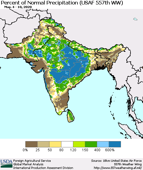 Southern Asia Percent of Normal Precipitation (USAF 557th WW) Thematic Map For 5/4/2020 - 5/10/2020
