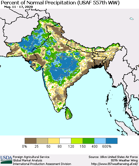 Southern Asia Percent of Normal Precipitation (USAF 557th WW) Thematic Map For 5/11/2020 - 5/17/2020