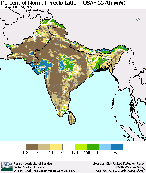 Southern Asia Percent of Normal Precipitation (USAF 557th WW) Thematic Map For 5/18/2020 - 5/24/2020