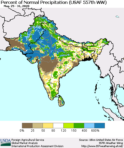 Southern Asia Percent of Normal Precipitation (USAF 557th WW) Thematic Map For 5/25/2020 - 5/31/2020