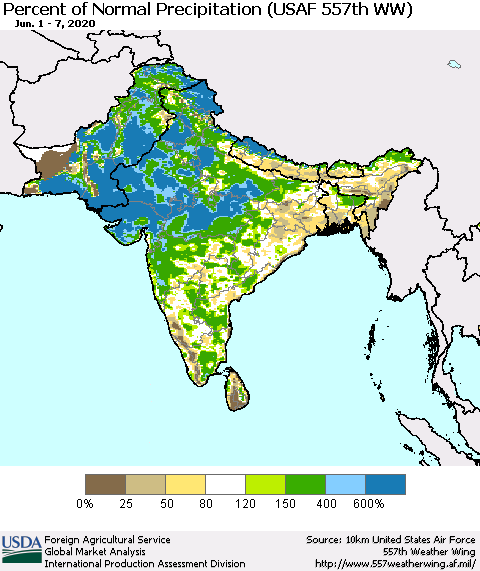 Southern Asia Percent of Normal Precipitation (USAF 557th WW) Thematic Map For 6/1/2020 - 6/7/2020