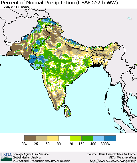 Southern Asia Percent of Normal Precipitation (USAF 557th WW) Thematic Map For 6/8/2020 - 6/14/2020