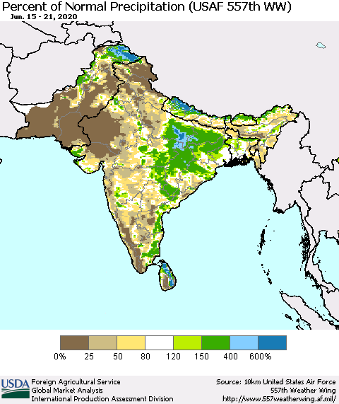 Southern Asia Percent of Normal Precipitation (USAF 557th WW) Thematic Map For 6/15/2020 - 6/21/2020