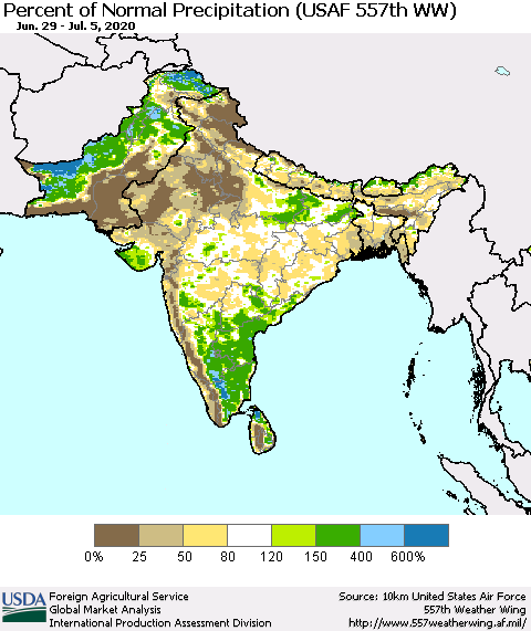 Southern Asia Percent of Normal Precipitation (USAF 557th WW) Thematic Map For 6/29/2020 - 7/5/2020