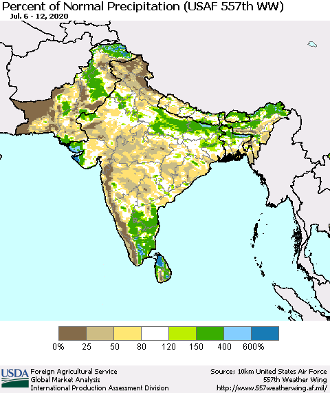 Southern Asia Percent of Normal Precipitation (USAF 557th WW) Thematic Map For 7/6/2020 - 7/12/2020