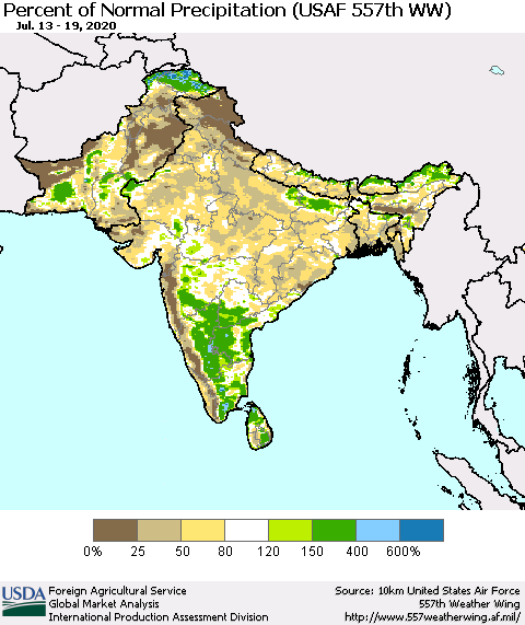Southern Asia Percent of Normal Precipitation (USAF 557th WW) Thematic Map For 7/13/2020 - 7/19/2020