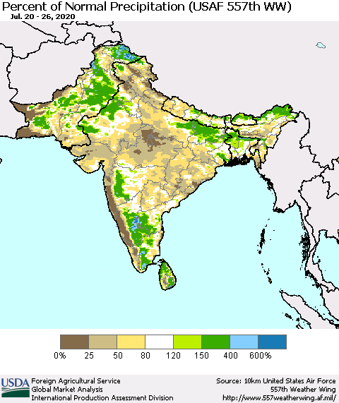 Southern Asia Percent of Normal Precipitation (USAF 557th WW) Thematic Map For 7/20/2020 - 7/26/2020