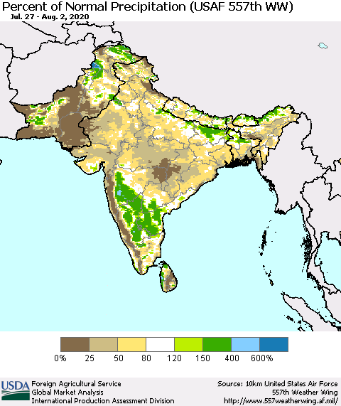 Southern Asia Percent of Normal Precipitation (USAF 557th WW) Thematic Map For 7/27/2020 - 8/2/2020