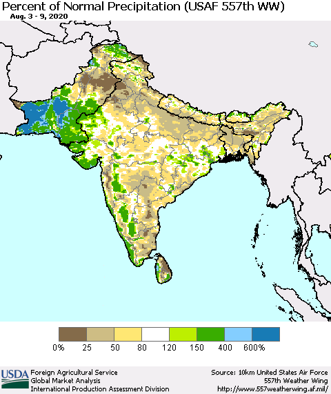 Southern Asia Percent of Normal Precipitation (USAF 557th WW) Thematic Map For 8/3/2020 - 8/9/2020