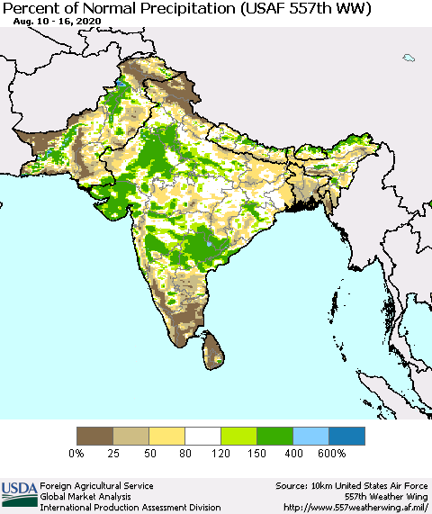 Southern Asia Percent of Normal Precipitation (USAF 557th WW) Thematic Map For 8/10/2020 - 8/16/2020