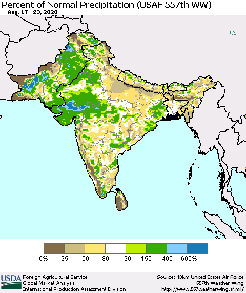 Southern Asia Percent of Normal Precipitation (USAF 557th WW) Thematic Map For 8/17/2020 - 8/23/2020