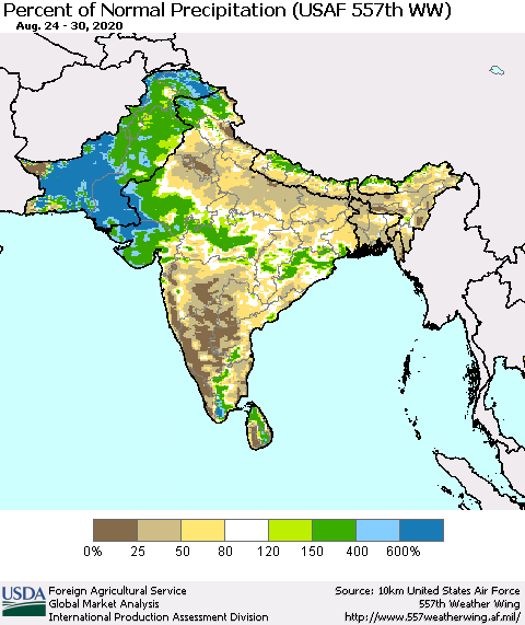 Southern Asia Percent of Normal Precipitation (USAF 557th WW) Thematic Map For 8/24/2020 - 8/30/2020