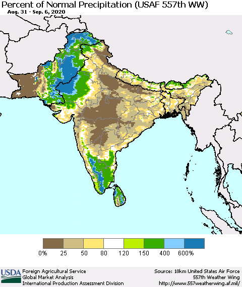 Southern Asia Percent of Normal Precipitation (USAF 557th WW) Thematic Map For 8/31/2020 - 9/6/2020