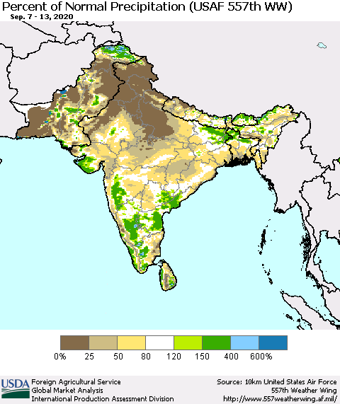 Southern Asia Percent of Normal Precipitation (USAF 557th WW) Thematic Map For 9/7/2020 - 9/13/2020