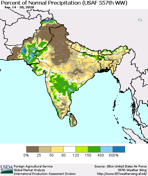 Southern Asia Percent of Normal Precipitation (USAF 557th WW) Thematic Map For 9/14/2020 - 9/20/2020