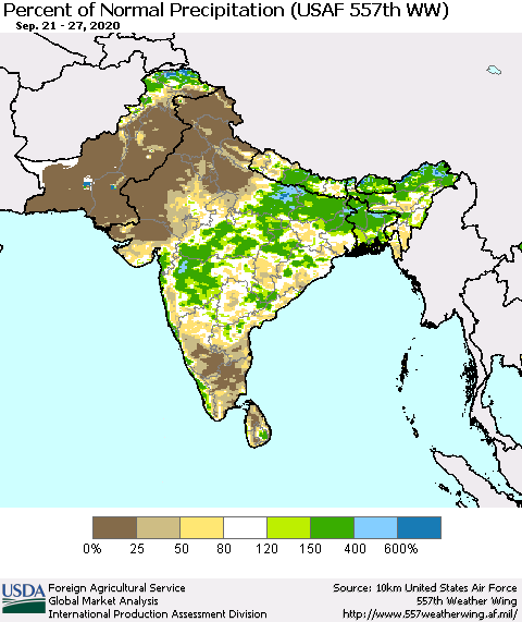 Southern Asia Percent of Normal Precipitation (USAF 557th WW) Thematic Map For 9/21/2020 - 9/27/2020