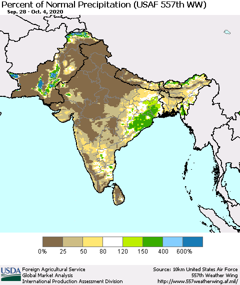 Southern Asia Percent of Normal Precipitation (USAF 557th WW) Thematic Map For 9/28/2020 - 10/4/2020