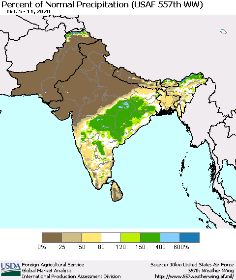 Southern Asia Percent of Normal Precipitation (USAF 557th WW) Thematic Map For 10/5/2020 - 10/11/2020