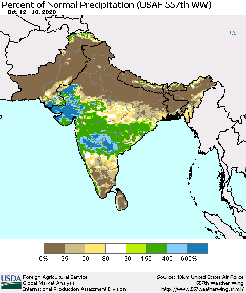 Southern Asia Percent of Normal Precipitation (USAF 557th WW) Thematic Map For 10/12/2020 - 10/18/2020