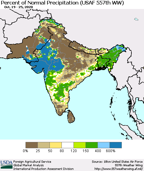 Southern Asia Percent of Normal Precipitation (USAF 557th WW) Thematic Map For 10/19/2020 - 10/25/2020