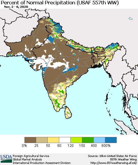 Southern Asia Percent of Normal Precipitation (USAF 557th WW) Thematic Map For 11/2/2020 - 11/8/2020