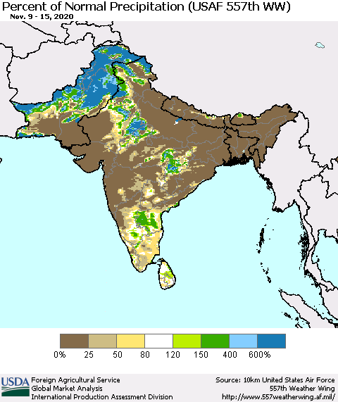 Southern Asia Percent of Normal Precipitation (USAF 557th WW) Thematic Map For 11/9/2020 - 11/15/2020
