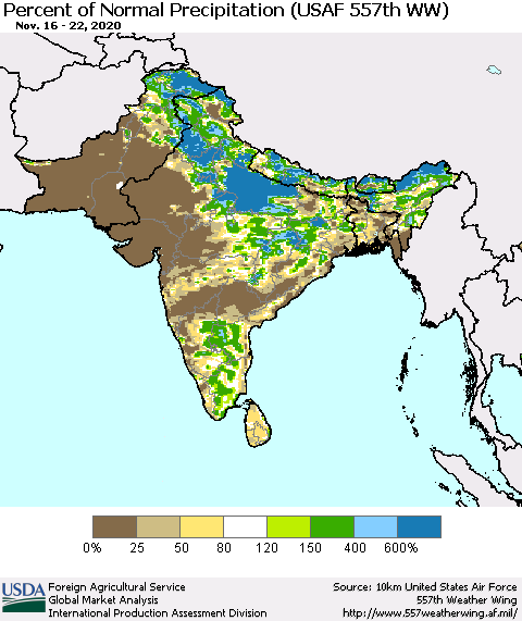 Southern Asia Percent of Normal Precipitation (USAF 557th WW) Thematic Map For 11/16/2020 - 11/22/2020