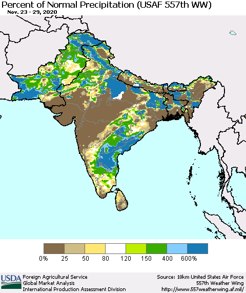 Southern Asia Percent of Normal Precipitation (USAF 557th WW) Thematic Map For 11/23/2020 - 11/29/2020