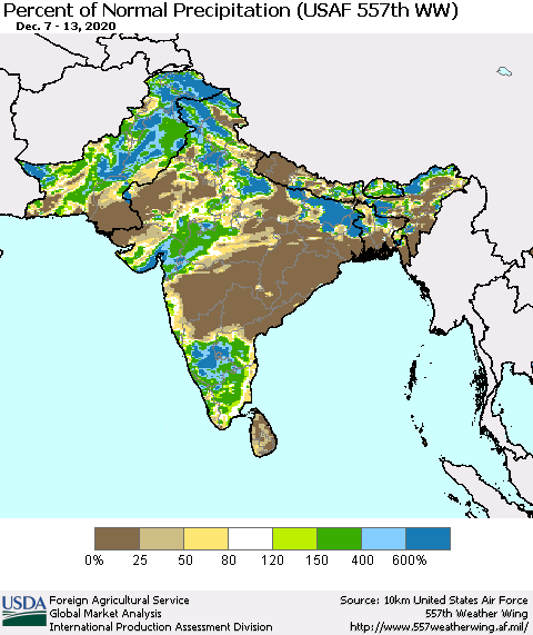 Southern Asia Percent of Normal Precipitation (USAF 557th WW) Thematic Map For 12/7/2020 - 12/13/2020