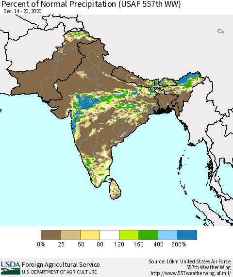 Southern Asia Percent of Normal Precipitation (USAF 557th WW) Thematic Map For 12/14/2020 - 12/20/2020