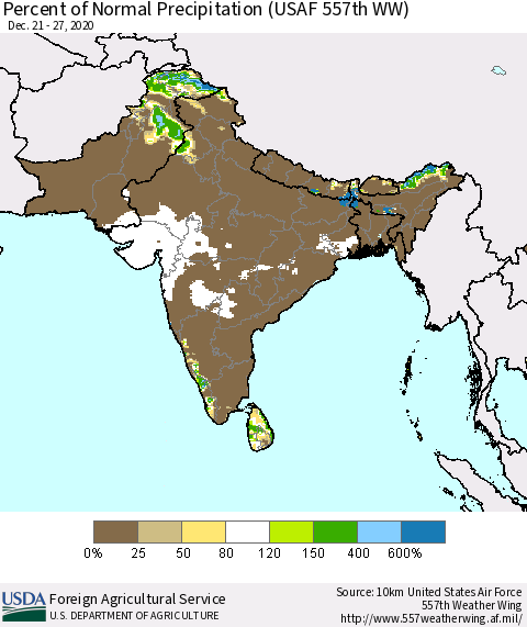 Southern Asia Percent of Normal Precipitation (USAF 557th WW) Thematic Map For 12/21/2020 - 12/27/2020