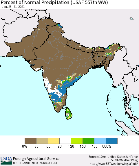 Southern Asia Percent of Normal Precipitation (USAF 557th WW) Thematic Map For 1/25/2021 - 1/31/2021