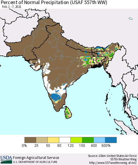 Southern Asia Percent of Normal Precipitation (USAF 557th WW) Thematic Map For 2/1/2021 - 2/7/2021